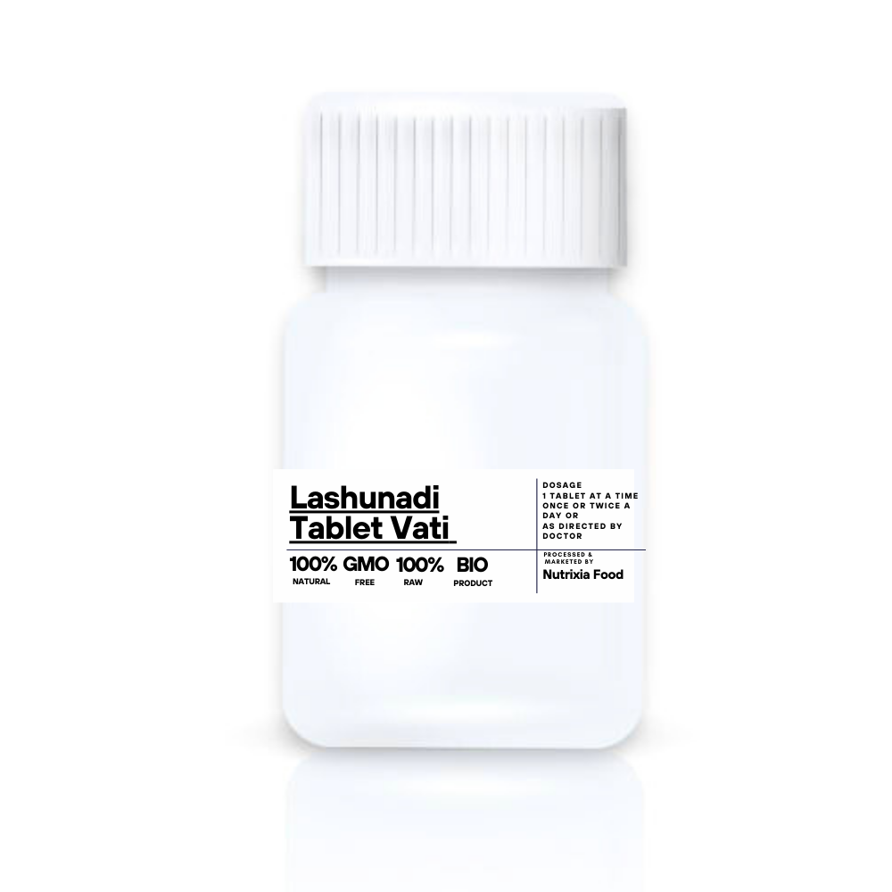 Lashunadi Tablet Vati Bati    Key Ingredients: Lasuna Jiraka (Cuminum cyminum) Saindhava Gandhaka (Calcinated and purified sulphur) Sunthi (Zingiber officinale) Marica (Piper nigrum) Pippali (Piper longum) Ramatha Nimbu rasa